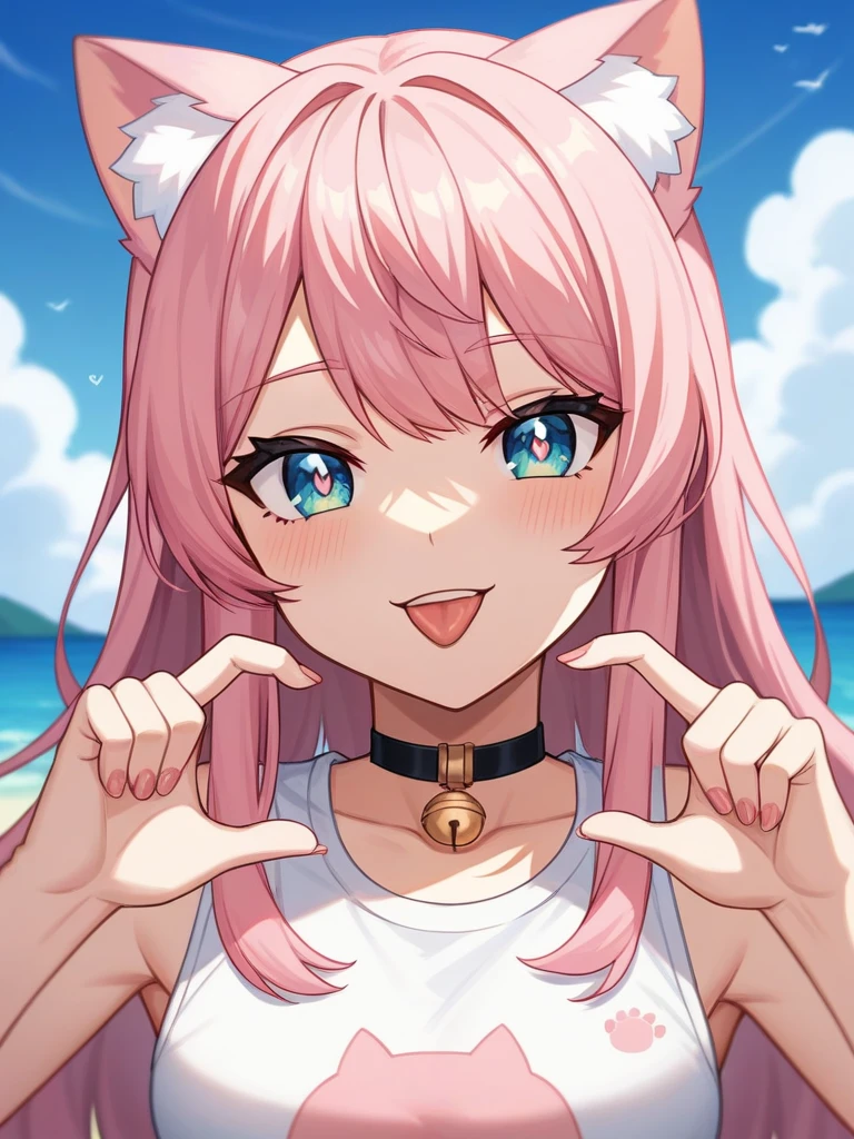 Adult, Female, long pink hair, oceanic eyes, winking, tongue out, vtuber, otaku bedroom, Masterpiece, Accurate, Anatomically Correct, Best Quality, High Details, Detail, Super Detailed, Best detail, Perfect detail, Amazing detail, [-3, 3], perfect fingers, perfect body, best body, amazing body, Looking at viewer, front facing, upper body shot, Cat Ears, Close-Up, 