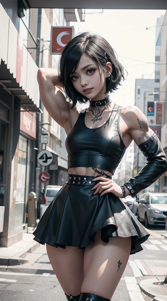 (Muscular:1.6), (thick thighs:1.6),
(goth girl:1.2), (big smile:1.3), black hair,
(dramatic makeup and punk hair),
small perky breasts, (hard nipples),
(studded leather jacket, tanktop, choker), (tulle skirt:1.2),
looking at viewer, three quarter view, (upper body view), standing up,
rim lighting, two tone lighting, dim lighting, soft lighting, bokeh, detailed skin, detailed eyes