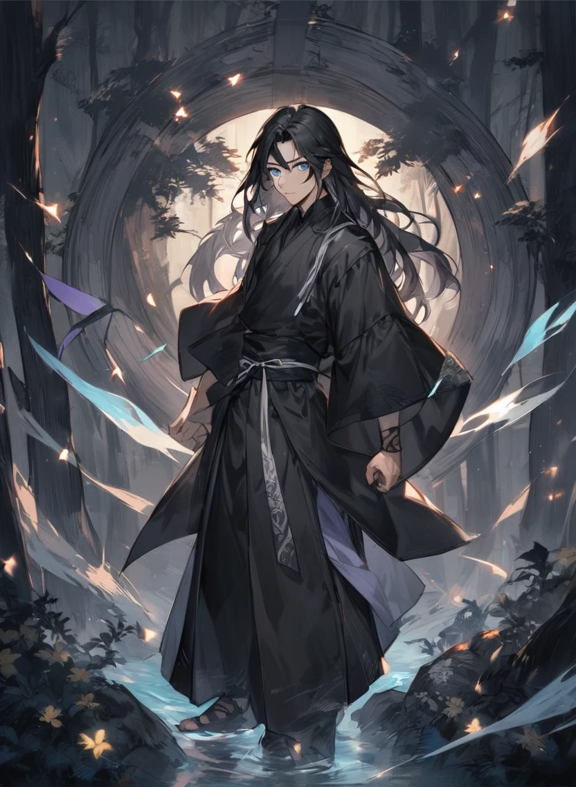 young man ,Male Dark, dark Woods, dark black colors, monk dnd, man black long hair with blue eye, shinobi costume style