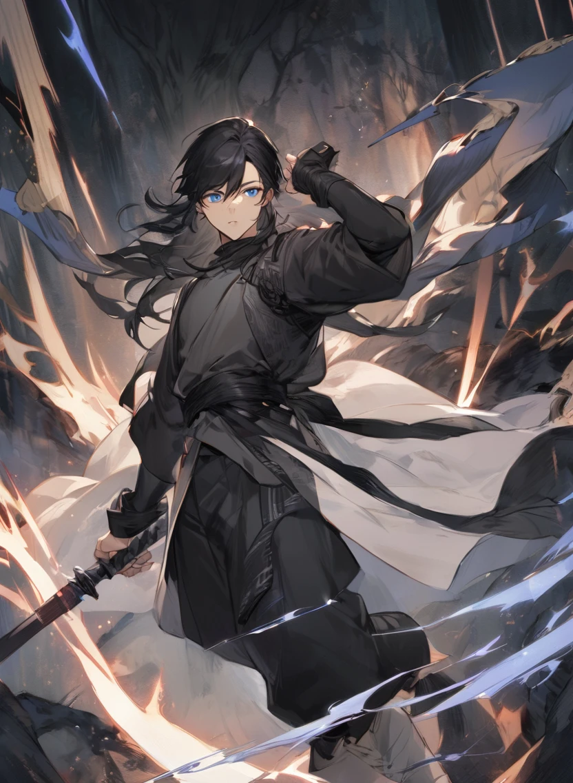 young man ,Male Dark, dark Woods, dark black colors, monk dnd, man black long hair with blue eye, shinobi costume style