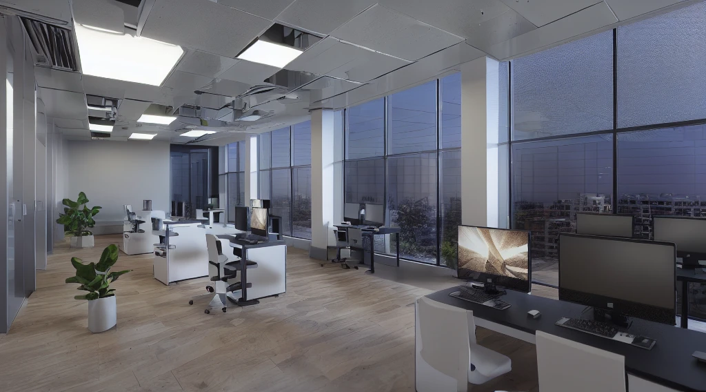 there are many computers on the desks in this room, rendered in enscape, cg rendering, lumion render, enscape render, in a open-space working space, rendered in unreal engine 3, rendered in unreal engine 3d, render in vray, cg render, rendered in lumion pro, vray rendered, rendered in v-ray