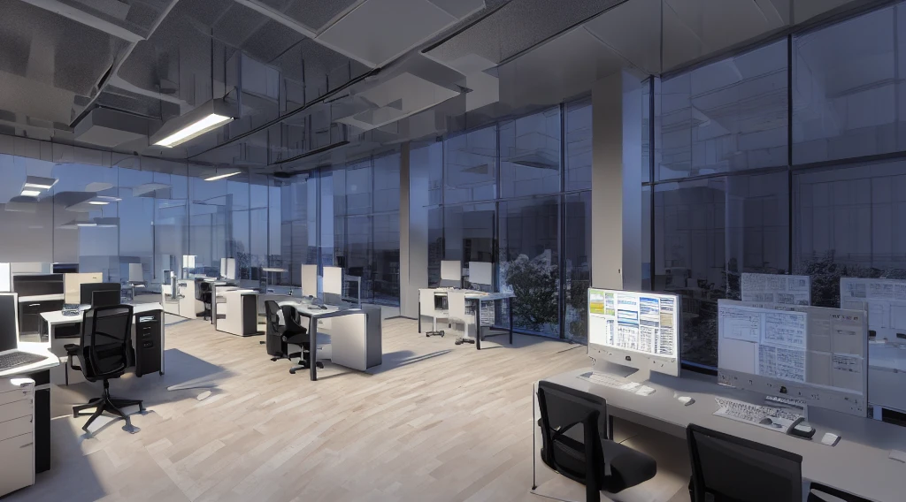 there are many computers on the desks in this room, rendered in enscape, cg rendering, lumion render, enscape render, in a open-space working space, rendered in unreal engine 3, rendered in unreal engine 3d, render in vray, cg render, rendered in lumion pro, vray rendered, rendered in v-ray