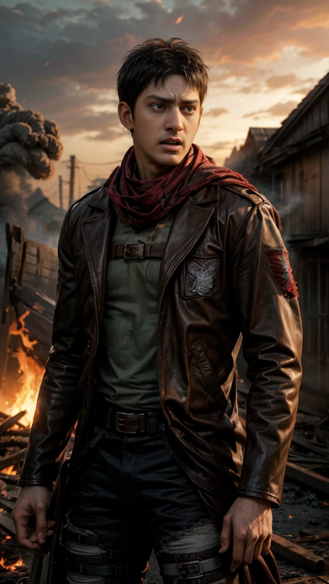 (masterpiece), (hyper realistic), Mahesh Babu from Attack on Titan, survey corps uniform, maroon scarf around the neck, sad pose, dinamic lighting, fire, traces of blood on clothes and face, burning houses in the background, smoke, Rain