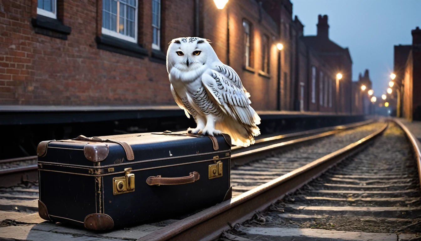 An old worn-out rolling suitcase, someone is pulling it. On top of the suitcase is a large white owl. The background is an old brick railway station, the lights are dim, mysteriously dark. Horroristic.