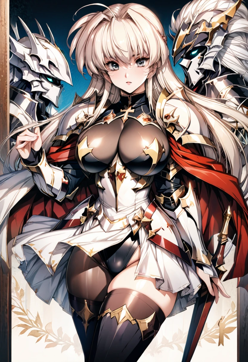 ((highest quality)), ((masterpiece)), ((hyperrealistic)), (detailed background), 1girl, ((curvy: 1.2)), perfect face, ((Langrisser, makeup, ((Cross black leotard: 1.5)), ((catsuit)), ((black paladin armor: 1.3)), ((long skirt)), (Noble cloak de cour), gauntlet, gloves, silver straight hair, ahoge, (huge breasts: 1.3), (see-through cleavage cutout: 1.2), (brown see-through pantyhose thigh: 1.3), (zettai ryouiki armored thigh high boots), beautiful eyes, Perfect hands, perfect fingers,