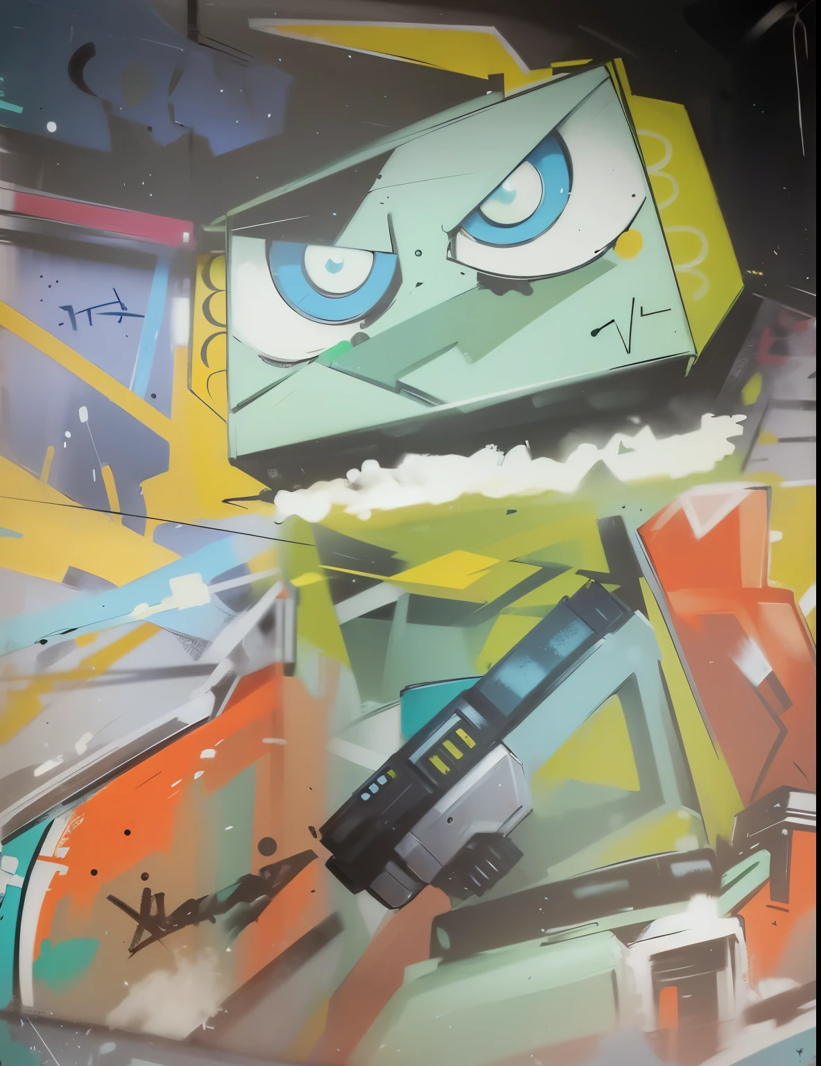 a bold graffiti of a cartoon robot, blue eyes, green face, holding guns in its hands, colorful abstract shapes and lines, chaotic, (green, orange, and yellow colors), comic style, (bold lines)