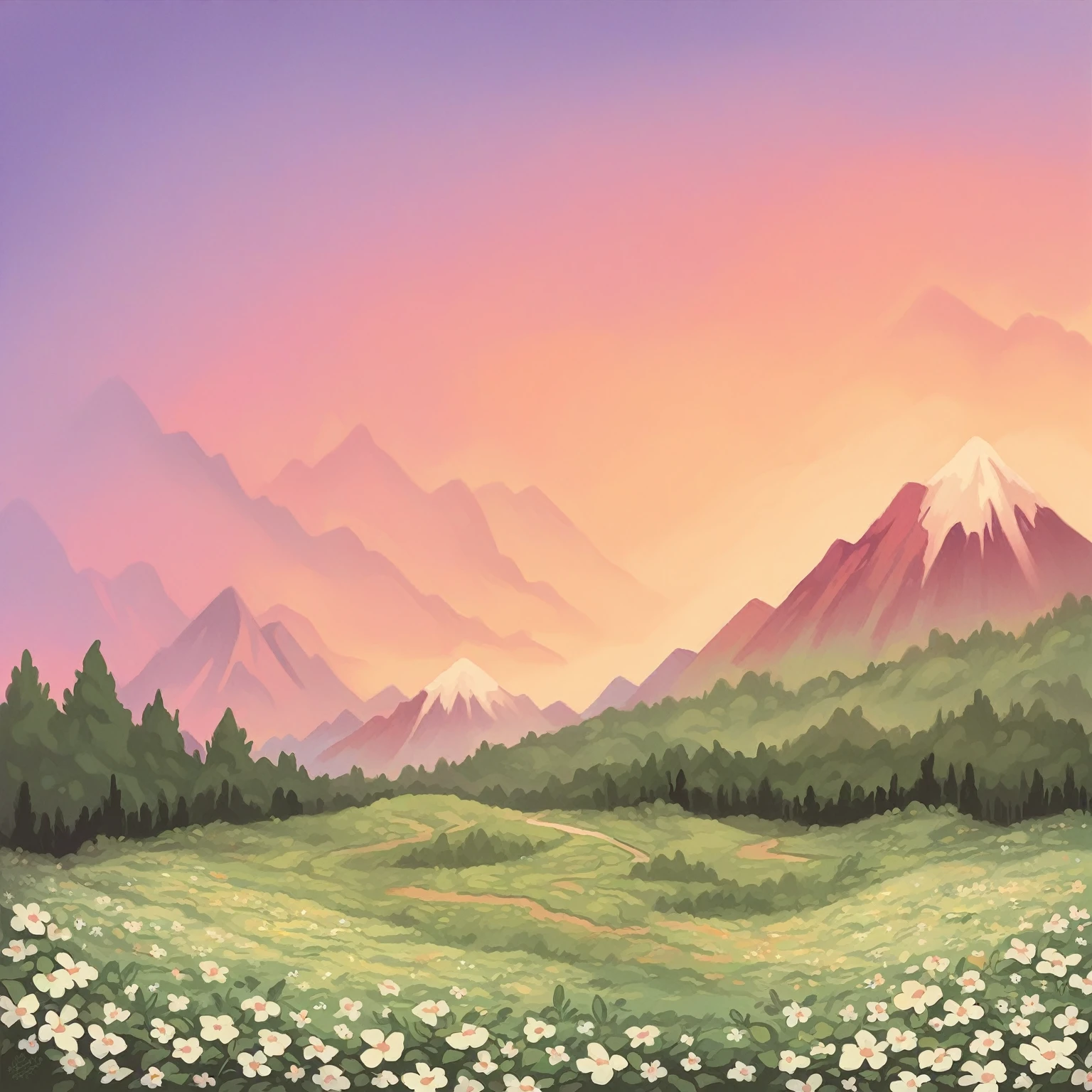 A beautiful sunset over a mountain surrounded by a forest and a field