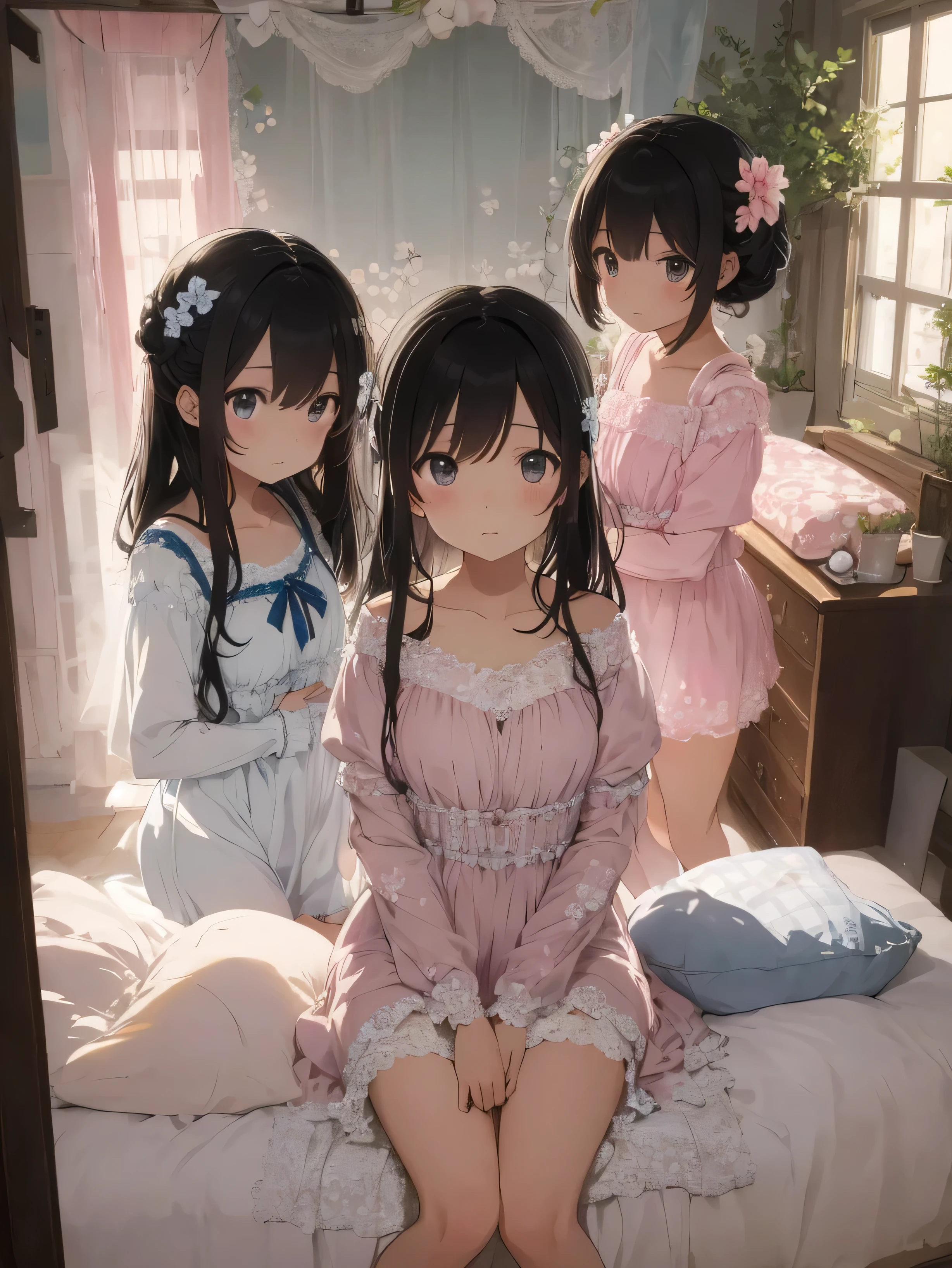This image, titled "Three Blossoms of Youth," is a masterpiece that showcases the artist's exceptional skill and meticulous attention to detail. The protagonists, three anime girls embodying the teenage lolita aesthetic, are dressed in seductive, delicate lace nightgowns that cling to their slender forms, each adorned with intricate floral patterns and lace trimmings. The bed, a luxurious retreat, is lavishly decorated with vibrant, floral throw pillows, creating a soft and inviting atmosphere that perfectly complements the girls' peaceful slumber. Although the room is dimly lit, a gentle pink hue emanates from an un