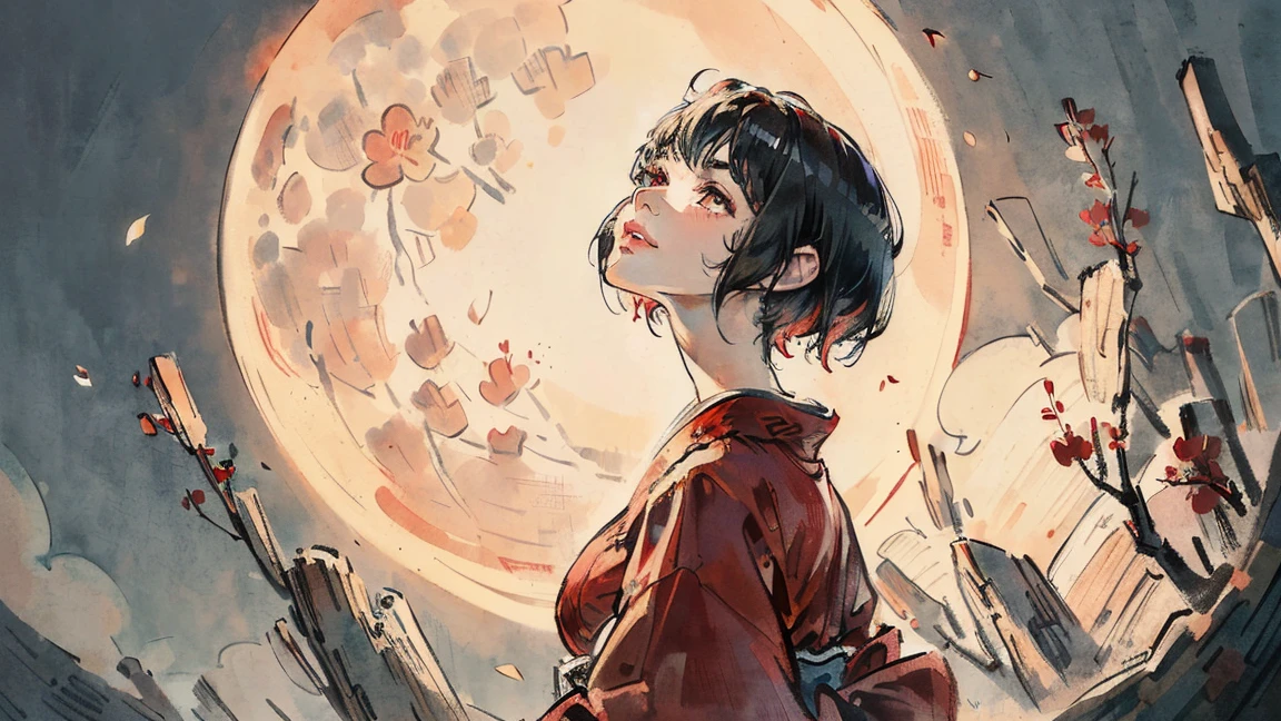 (((beautiful girl))), (((red cheek))),(((Pixie Cut))) ,(((light smile))),(((arched back))),(((Gazing Skyward))),(((Gazing away))), (((big willow tree))), (((shoot from below))),(((from side))),(((night))) (((Super huge full moon))), (Lips are red:1.5),20-year-old, Watercolor, masterpiece, Highest quality, Very delicate and beautiful girl,Very delicate and beautiful, world masterpiece theater, Super detailed, Very detailedな, Highest quality,(((fancy red kimono)))。 (((Black Hair))), (((Black Hair))), (((Black Hair))), (((Upper Body))), High resolution, Very detailed,5 girls, Highest quality, figure, masterpiece, Highest quality, Accuracy, A woman in her twenties from the late Edo period, He has a modern anime-like face.