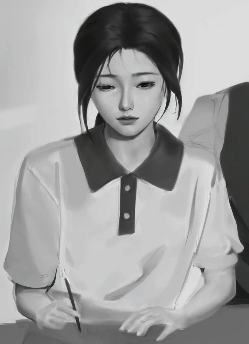 Close-up of a person sitting at a table with a laptop., artwork in the style of Gouvice, Realistic anime style, digital sketch, Semi-realistic anime style, Inspired by Sim Sa Jung, Drawing in Anime Painter Studio, Made with Anime Painter Studio., digital pencil drawing, smooth. Digital Painting, Gouvice, low profile. Digital Painting