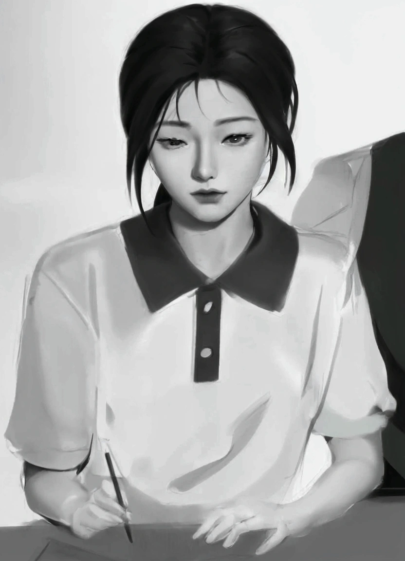 Close-up of a person sitting at a table with a laptop., artwork in the style of Gouvice, Realistic anime style, digital sketch, Semi-realistic anime style, Inspired by Sim Sa Jung, Drawing in Anime Painter Studio, Made with Anime Painter Studio., digital pencil drawing, smooth. Digital Painting, Gouvice, low profile. Digital Painting