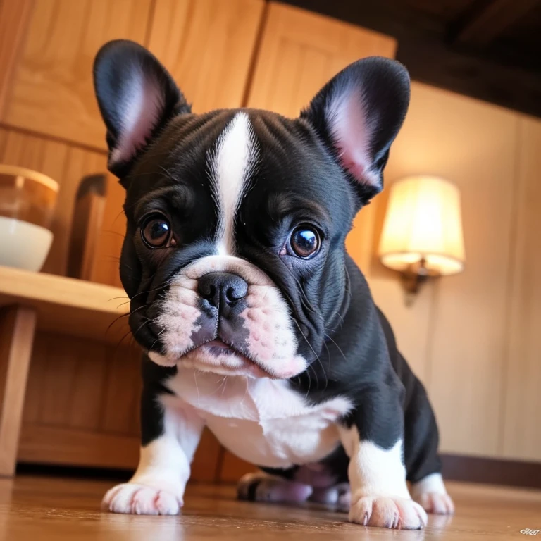 French bulldog puppy。Deform your face with a fisheye effect。 Cute expression。 Angle from the same perspective as the animals。The background is also realistic。Intricate details。8k。