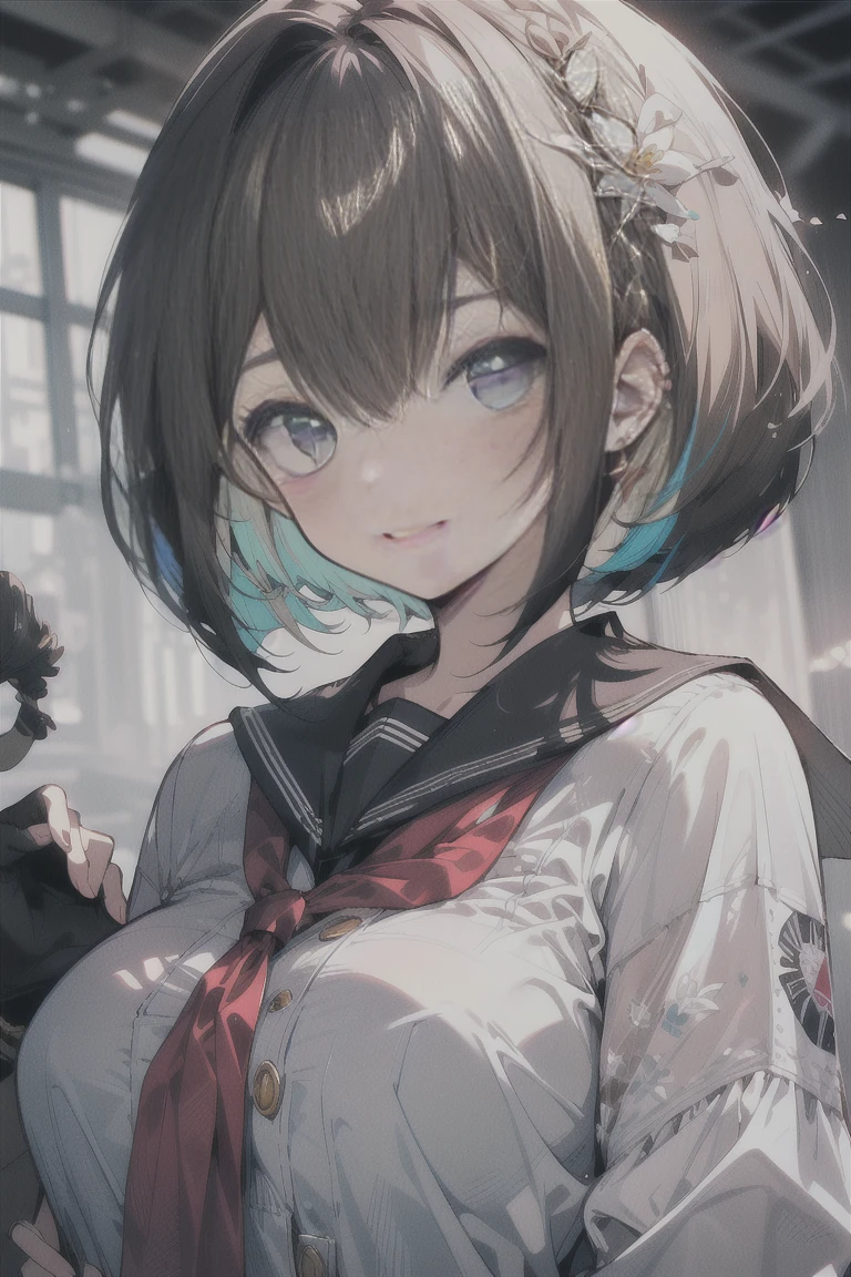 (best quality), (Super detailed), (Best Illustration), (masterpiece), score_9, score_8_up, score_7_up, (4k), (1woman), (white serafuku), (large breasts), {brown hair, (sideburns), (bob cut:1.3), curly hair, hairs between eyes, colored inner hair}, blue eyes, grin, nose blush, earring,