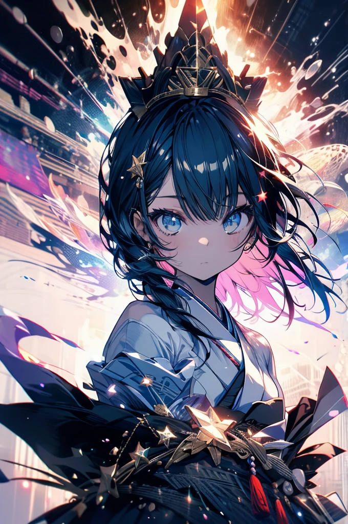 a young Japanese girl in dark clothes , greeneyes, bangss , star eye