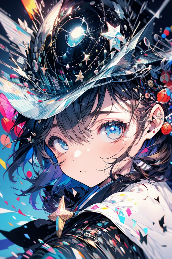 a young Japanese girl in dark clothes , greeneyes, bangss , star eye