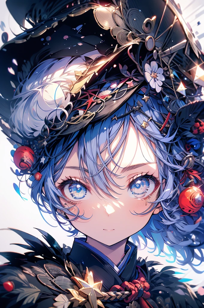 a young Japanese girl in dark clothes , greeneyes, bangss , star eye