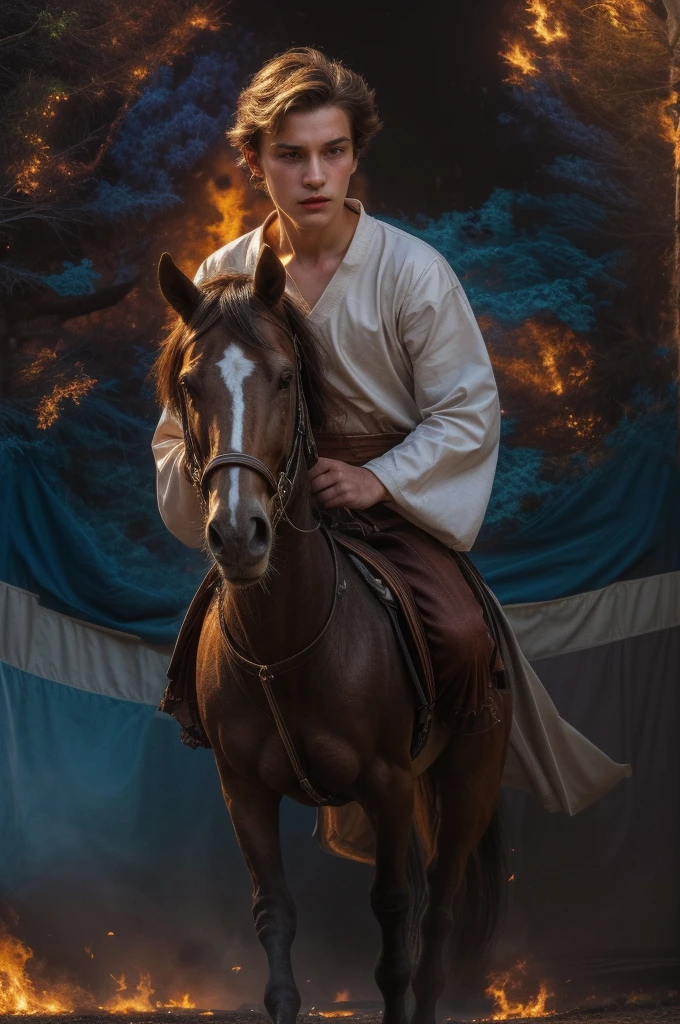 A young male twink, 19 years old, with a cute angel face, with makeup and black hair, wearing a medieval shirt with ties, a v-neck, and long sleeves, aquamarine in color, and white medieval pants. He is on the battlefield, riding on a horse, as if the horse is galloping. He is holding a sword up and his shield in his other hand, and behind him are tents burning with flames of fire, and he looks angrily.