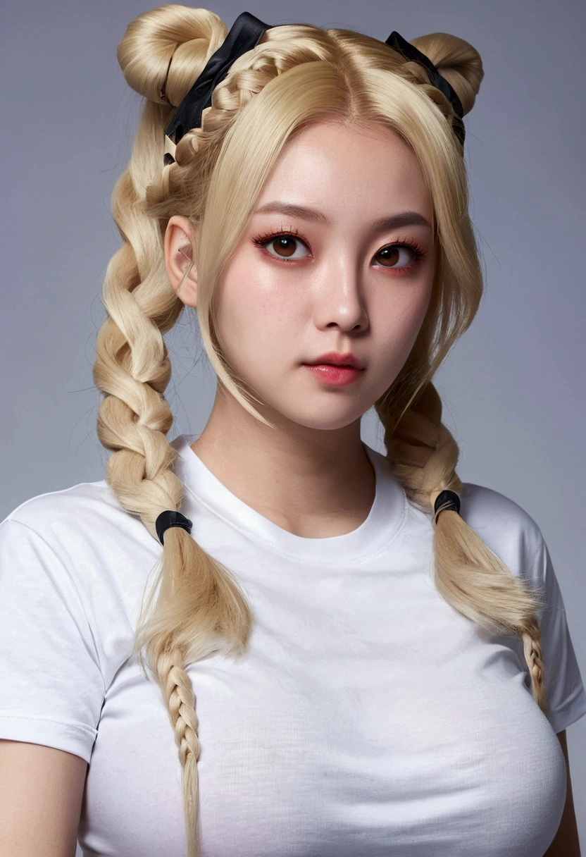 Optimal,masterpiece,High resolution,Highest quality,Hyper HD,Very detailed,Award-winning,16K,alone,(Upper Body),Correct Anatomy,Beautiful Cyberpunk Girl,Cowboy Shot、Cute Face,,blonde、Long Hair、Twin tails、Braiding, Hairline,((Scarlet Eyes)),Long eyelashes,Drooping eye corners,White skin,((Photographed from the front)), ((T-Shirts:1.5)), Clock Top、((Transparent nipples))、rocket , ((Big Breasts)),(Because I'thin),nsfw