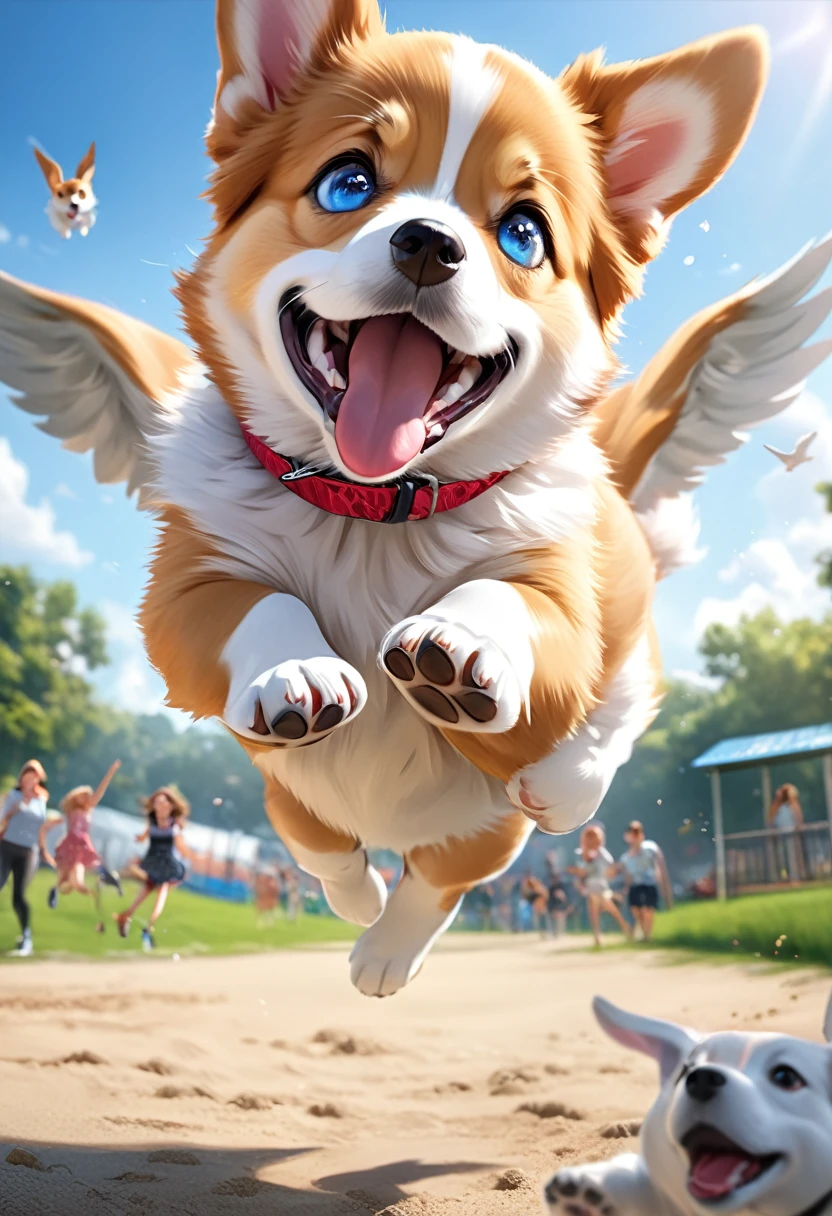 Puppy and cute girl, cute Welsh Corgi puppy, puppy dynamically flying high towards the girl at the dog park, beautiful and stunning flight form, fun and happy expression, bright eyes, sparkling pupils, detailed face, detailed eyes, detailed lips, highly detailed, photorealistic, 8K, masterpiece, ultra-realistic, photorealistic:1.37, HDR, UHD, highres, beautiful fur textures, playful expressions, vibrant colors, natural light, depth of field, action shots