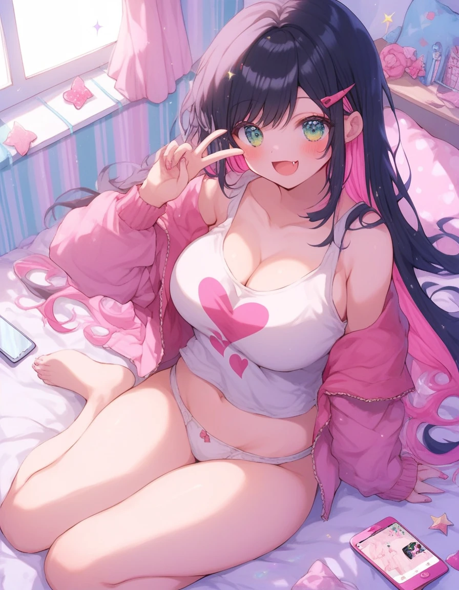 {{masterpiece}}, {{best quality}}, {ultra-detailed}, {{kawaii}}, cute, {lovely}, illustration, anime style, full body, full body focus, a cute girl, 1girl, solo, own room, Changing clothes, In underwear, pastel pink bra, pastel pink panties, {beautiful eyes}, beautiful black hair, long hair, slim, slender, medium breast, glasses, smiling, fang, endearing, blush, digital art, elegant, youthful, graceful, {{The tips of her canine teeth are peeking out from her smiling mouth}}, Double Tooth.