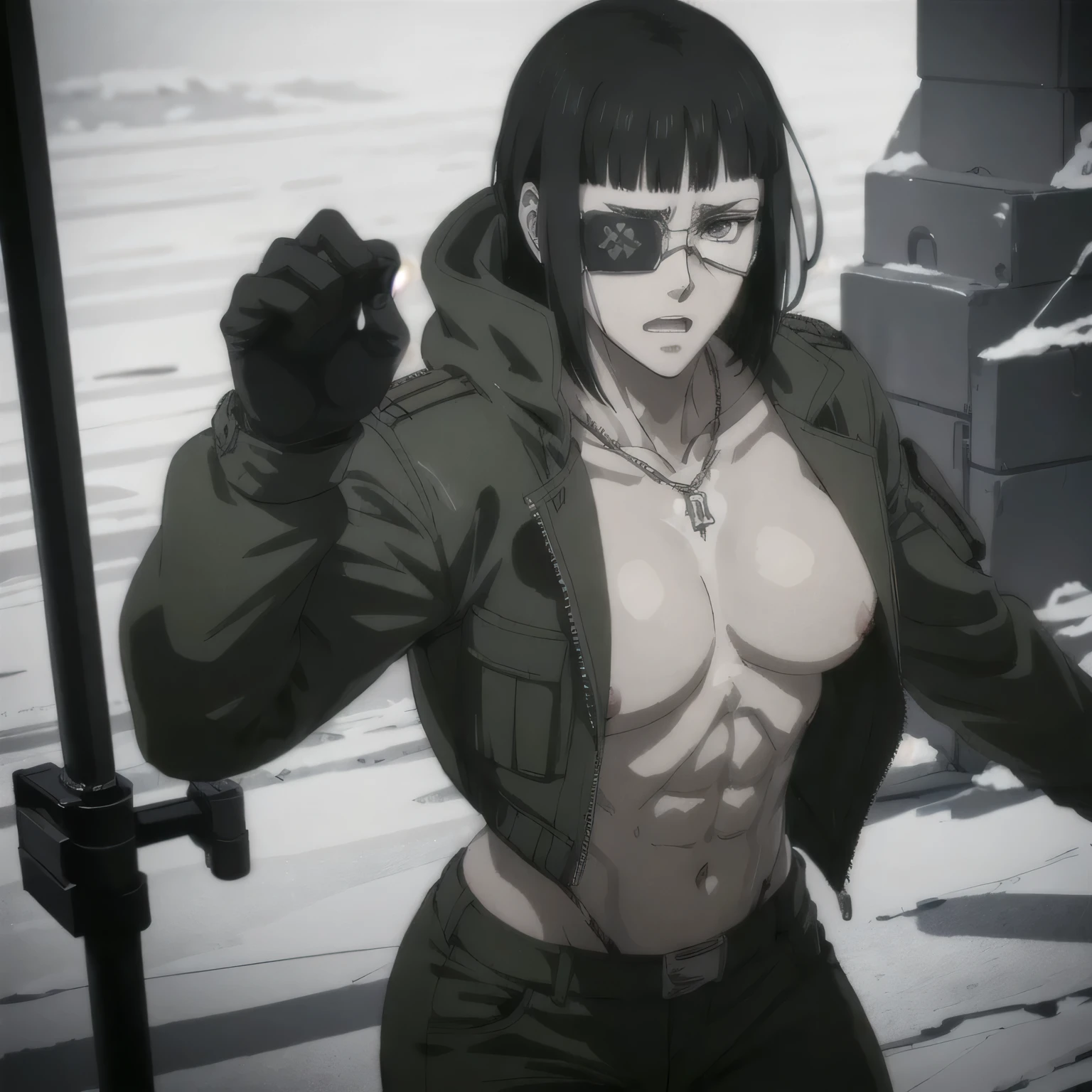 best quality,ultra-detailed,realistic:1.37),musclaur badass girl with sculpted body with preview her musclaur body, full review of the female character's face and body, intense expression, strong and confident posture, studio lighting, vivid colors, physiologically-based rendering, grungy texture, rugged background, dust particles in the air, commanding presence, professional, powerful, gritty aesthetics,,Valmet،short hair,necklace,clean clothes,wearing black Winter jacket and Camouflage combat trousers,( girl solo),eyepatch,eyes detailing,fat free body,penis growth inside trousers,Photo session,Matching remix,ice mountain