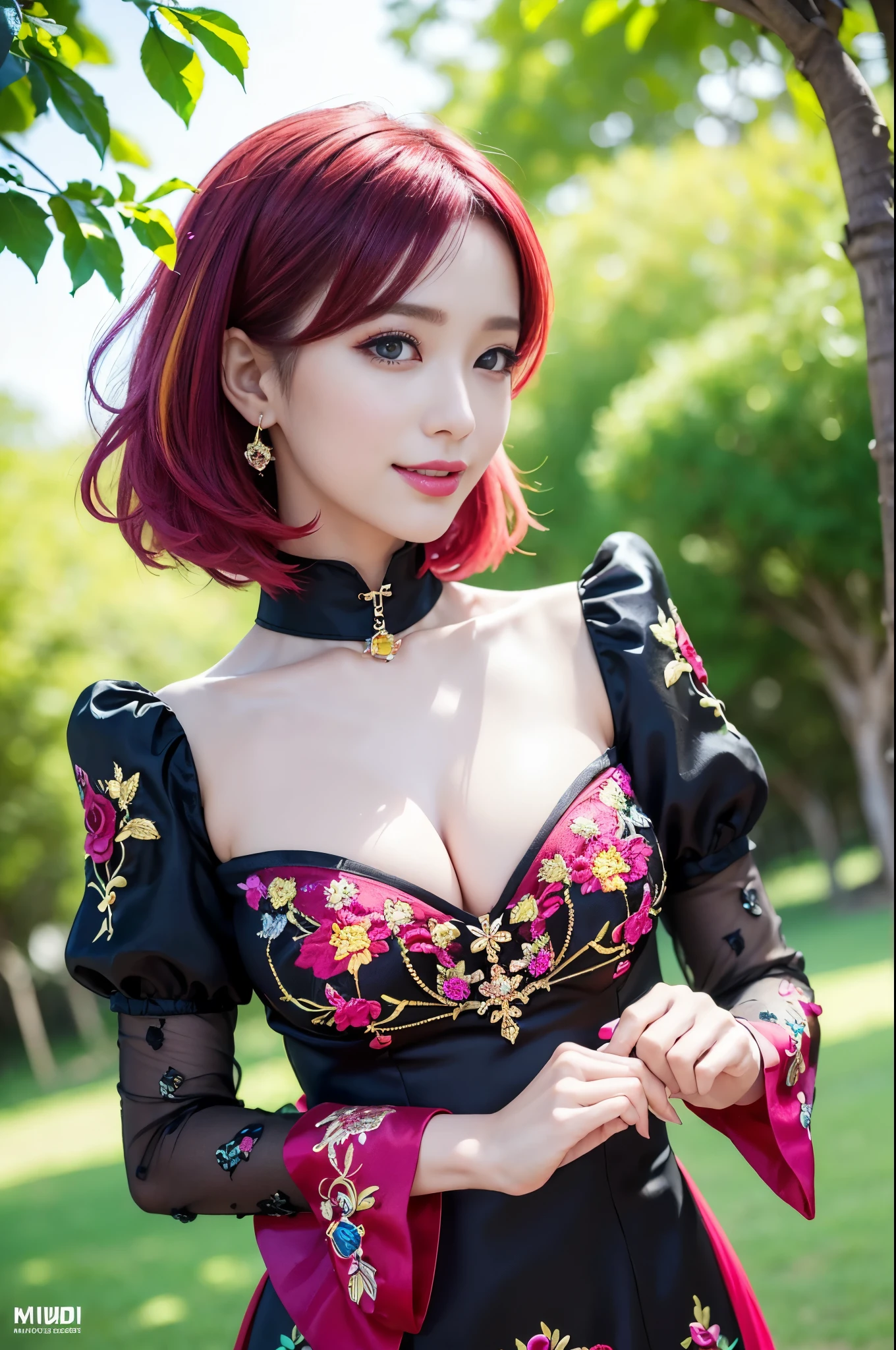 (masterpiece:1.4), (best quality:1.4), ultra high res, ultra high resolution, ((detailed facial features)), HDR, (realistic, photorealistic, photo-realistic:1.37), full body Esbian, sexy Thai model, (-anime), vivid colors, ((vivid colors multicolor (red, fuchsia) very short hair)), (happy smile), lip-gloss, long lashes, ultra detailed metallic makeup, defined eyebrows, wearing large sparkling colorful jewelery, (wearing a red silk Paradise Kiss cosplay dress with black floral embroidery), ((vivid colors outfit)), vivid colors, look at the camera, cinematic light, large park background with trees, sweet and sexy pose