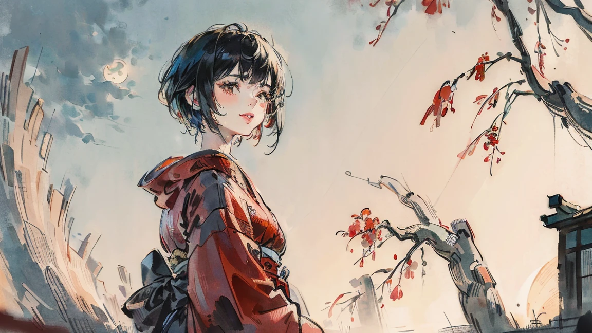 (((beautiful girl))), (((red cheek))),(((Pixie Cut))) ,(((light smile))),(((Gazing Skyward))),(((Gazing away))), (((big willow tree))), (((shoot from below))),(((from side))),(((night))) (((Super huge full moon))), (Lips are red:1.5),20-year-old, Watercolor, masterpiece, Highest quality, Very delicate and beautiful girl,Very delicate and beautiful, world masterpiece theater, Super detailed, Very detailedな, Highest quality,(((fancy red kimono)))。 (((Black Hair))), (((Black Hair))), (((Black Hair))), (((Upper Body))), High resolution, Very detailed,5 girls, Highest quality, figure, masterpiece, Highest quality, Accuracy, A woman in her twenties from the late Edo period, He has a modern anime-like face.