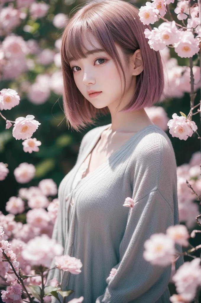 This image contains、 Girl with a bob It depicts a beautiful Japanese girl surrounded by a fantastic background..。The background is filled with pale pink and purple light..、An atmosphere is created, that makes you feel like you're in a dream..。Beautiful girl wears a thin white outfit..、The suit reflects light and shines..。THATнкость костюма красиво подчеркивает линии тела..、This further enhances the fantastic atmosphere..。
Beautiful girl has pink hair、Spreads softly、It shines with light。Her pose is elegant、She leans forward slightly and looks at me..、She has a soft and seductive look。
Like photographic technique、The contrast of light and shadow is very realistic..、The texture of clothing and hair in particular is depicted in great detail...。background lighting effects、THAT, as the petals fall down, also shown in great detail..、general, fantastic and beautiful scene completed.。Vertical composition highlights a beautiful girl.'Figure.、Fantastic light in the background creates a super realistic picture., photorealistic texture.。