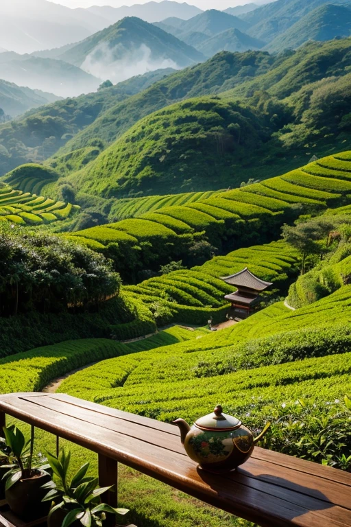 a lush green tea plantation, rolling hills, rows of tea bushes, sunlight filtering through leaves, dappled shadows, steam rising from a ceramic teacup, hands carefully picking fresh tea leaves, traditional Chinese tea ceremony, ornate teapot, bamboo forest, pagoda in the distance, golden hour lighting