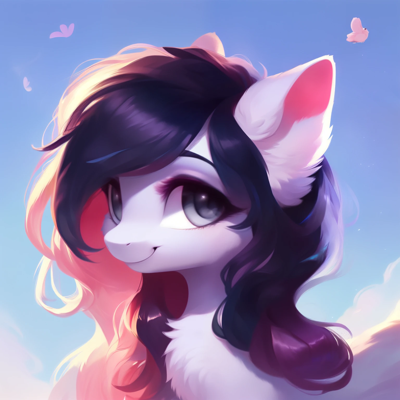 rating_safe, score_9, fluffy, feral pegasus pony, female, Light purple body, black-purple mane, disheveled hair, soft and delicate long hair, clear and proud with a hint of tenderness in grey eyes, grey eyes, smiling. dynamic

