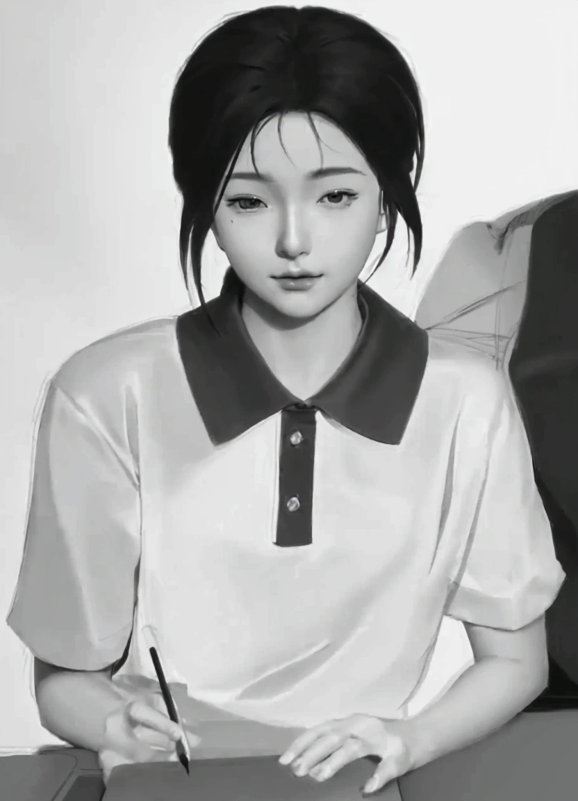 Close-up of a person sitting at a table with a laptop., artwork in the style of Gouvice, Realistic anime style, digital sketch, Semi-realistic anime style, Inspired by Sim Sa Jung, Drawing in Anime Painter Studio, Made with Anime Painter Studio., digital pencil drawing, smooth. Digital Painting, Gouvice, low profile. Digital Painting