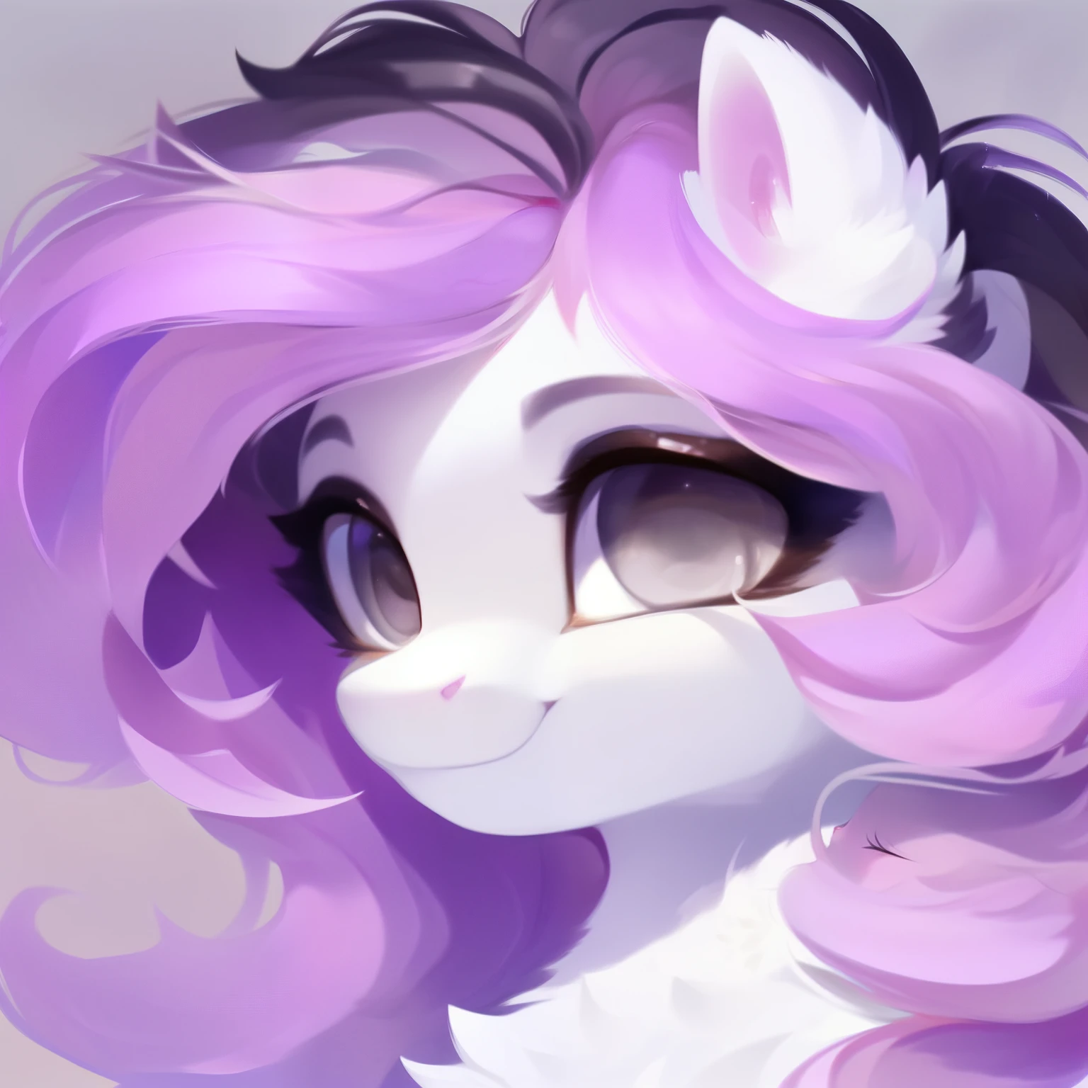 rating_safe, score_9, fluffy, feral pegasus pony, female,round cute face, Light purple body, black-purple mane, disheveled hair, soft and delicate long hair, clear grey eyes, grey eyes, smiling. dynamic。young and beautiful