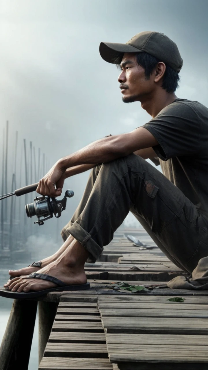 a handsome Indonesian man face expression of holding back tears