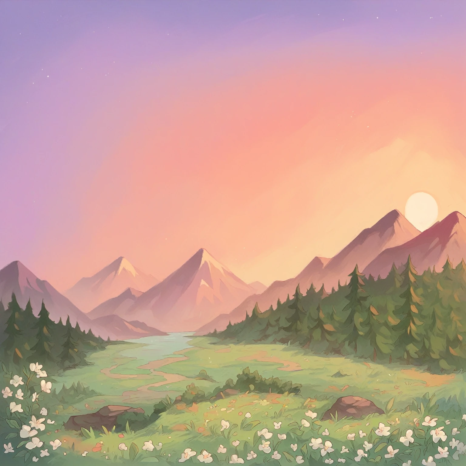 A beautiful sunset over a mountain surrounded by a forest and a field