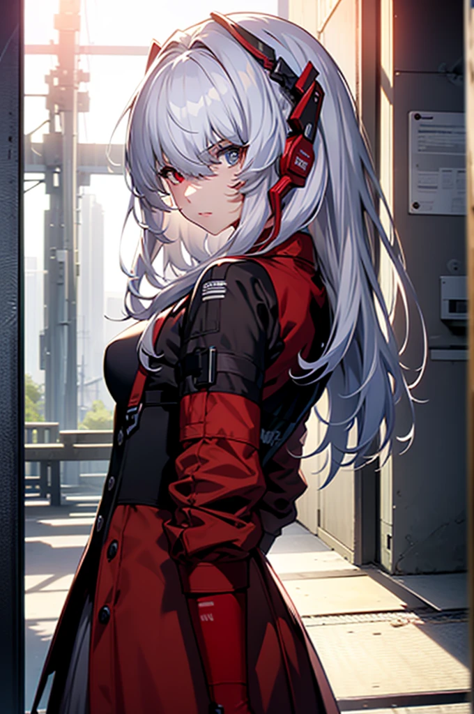 (masterpiece, best quality:1.2), illustration, 8k, hd, solo, (((2girls, mother and daughter,))) bangs, hair between eyes, white hair, red eyes, heterochromia eyes, age difference, red jacket, skirt