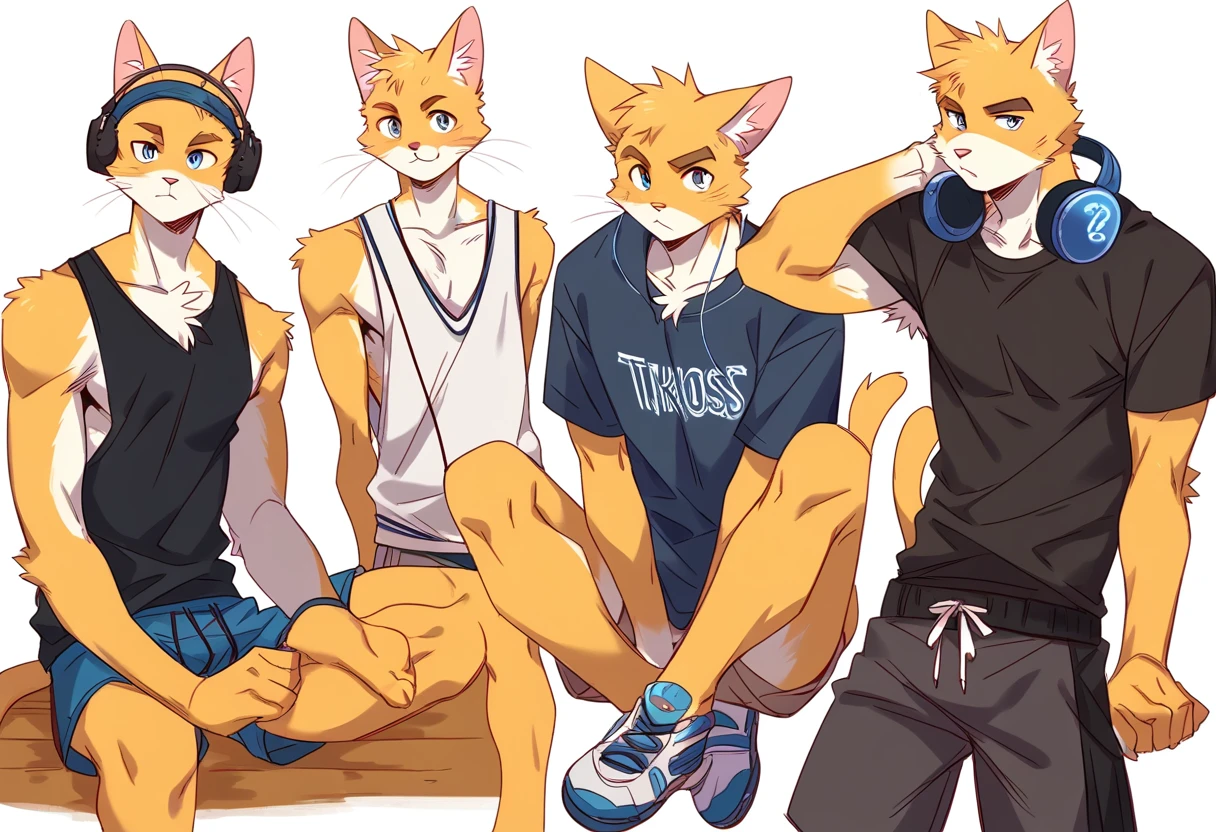 score_9, score_8_up, score_7_up, male, furry, high quality, hires, anthro, teenager, 16 years old, domestic cat, basketball player, bright yellow fur, blue eyes, wide brown eyebrows, confidant expression, humanoid feet, slim body, prominent v-line, prominent abs, prominent legs, prominent forearm, prominent knees, white background, treasure trail, armpit hair, furry legs, in various sexy poses, headphones, casual clothes, joggers, black shirt, shorts, sitting, showing off, folded arms