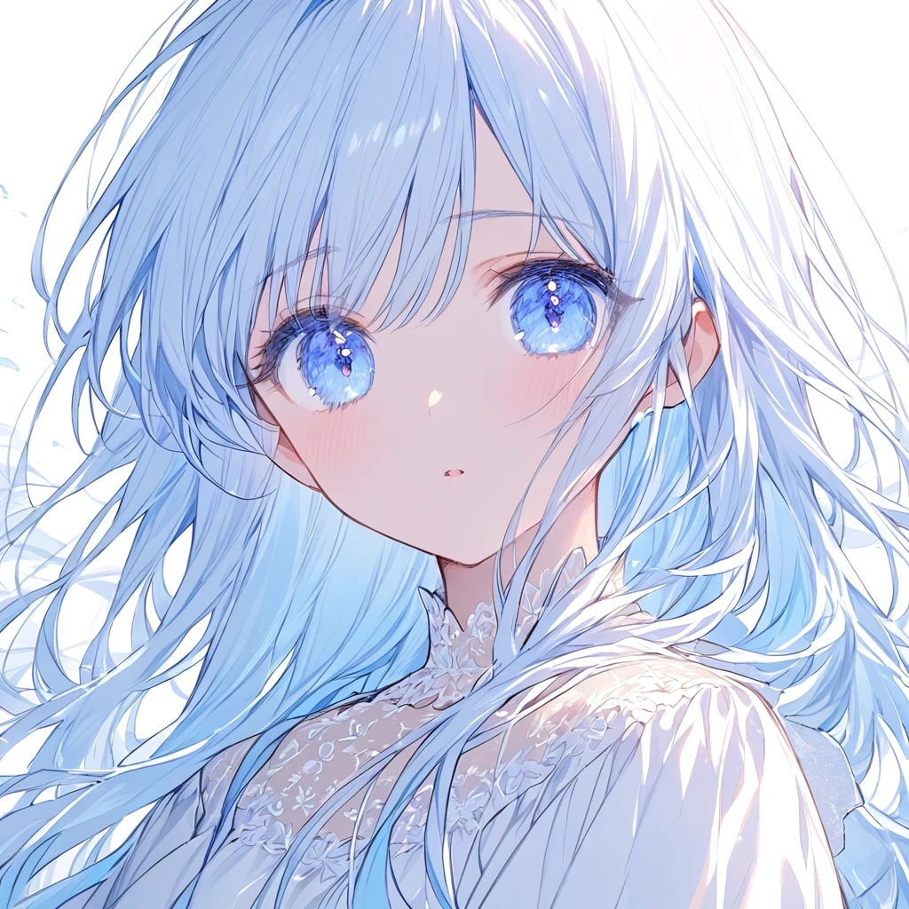 Soft lines、girl、light blue、light blueの花束を持つ、Upper Body、Long Hair、White dress、White background、front