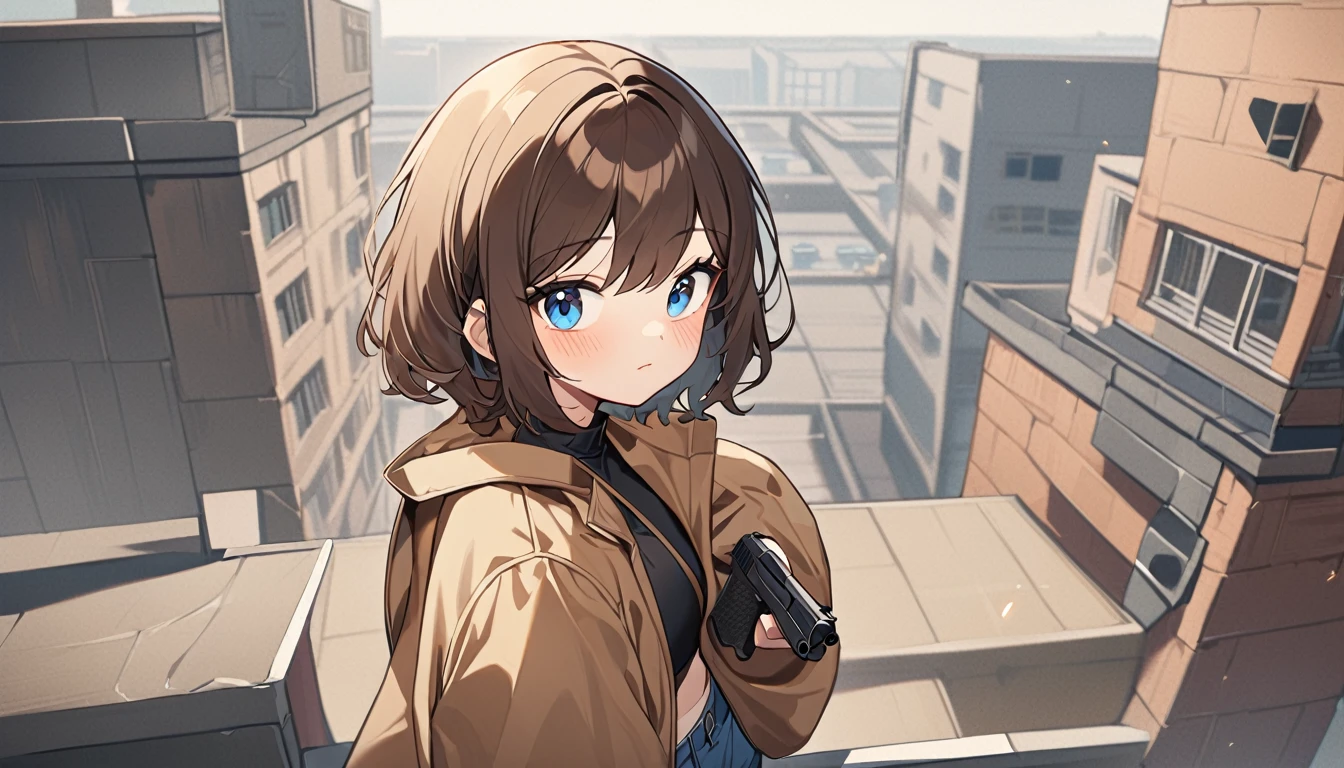 A girl wearing mask, brown short hair, a pistol in his hands, wearing a synthetic black crop top with a brown jacket and blue jeans, blue eyes, standing on a rooftop,centre of image,seeing towards viewers,half body shot,large image of girl,focused imageof girl,cute girl,korean.