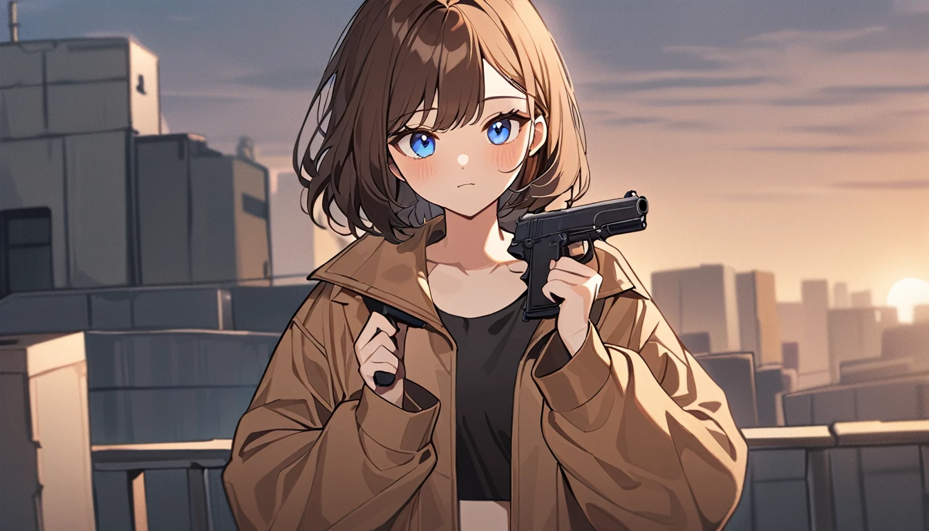 A girl wearing mask, brown short hair, a pistol in his hands, wearing a synthetic black crop top with a brown jacket and blue jeans, blue eyes, standing on a rooftop,centre of image,seeing towards viewers,half body shot,large image of girl,focused imageof girl,cute girl,korean.