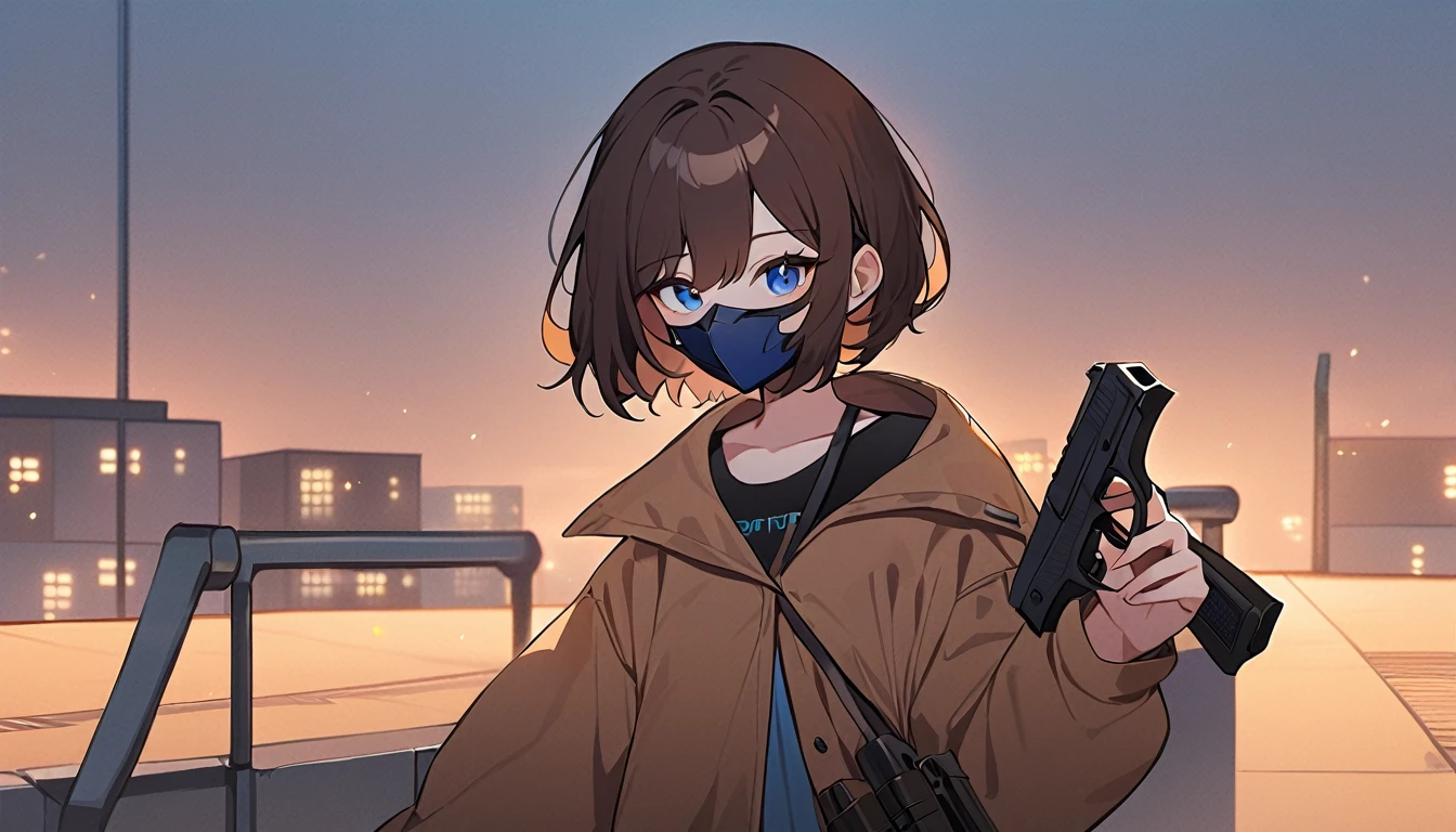 A girl wearing mask, brown short hair, a pistol in his hands, wearing a synthetic black crop top with a brown jacket and blue jeans, blue eyes, standing on a rooftop,centre of image,seeing towards viewers,half body shot,large image of girl,focused imageof girl,cute girl,korean.