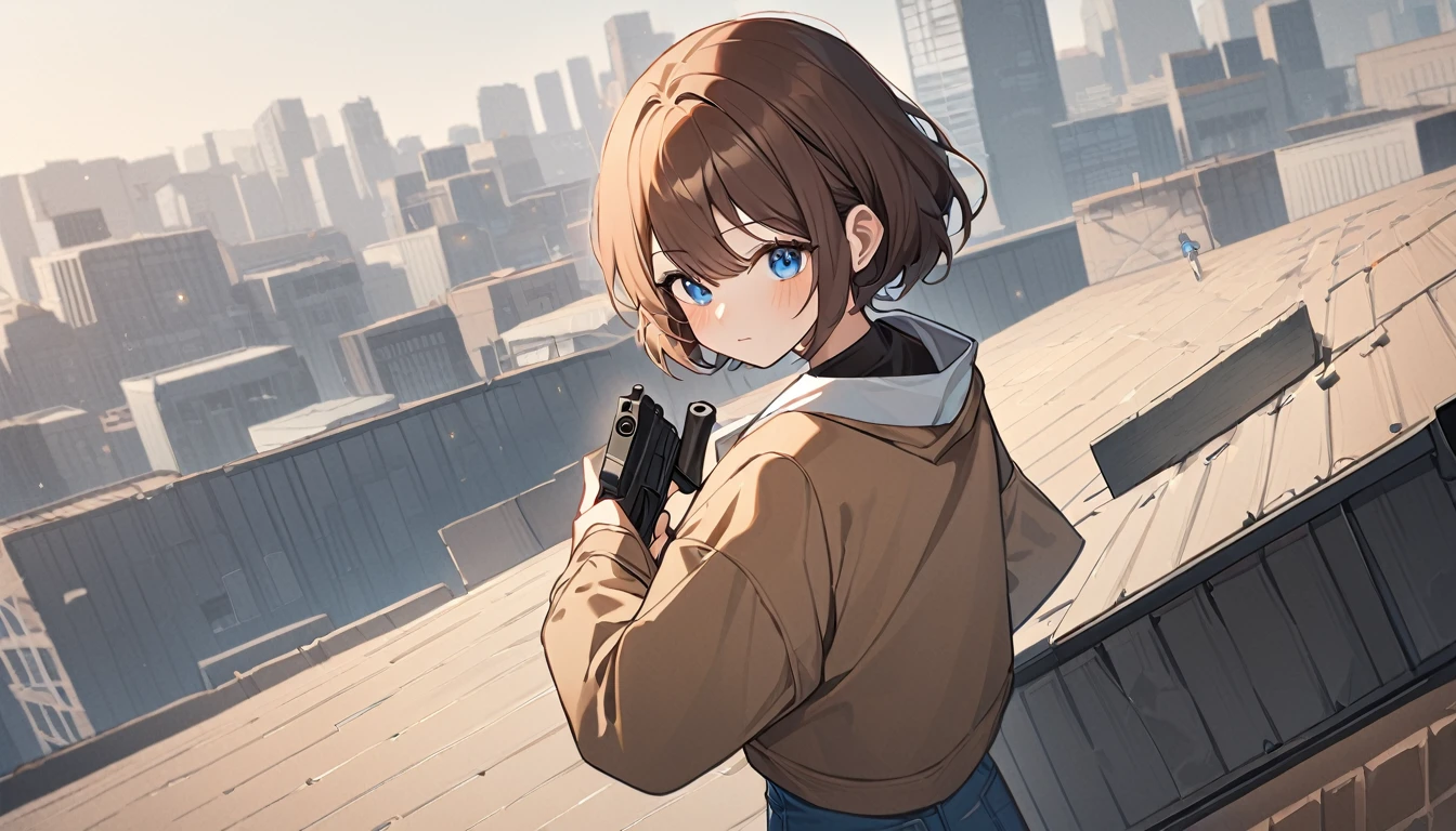 A girl wearing mask, brown short hair, a pistol in his hands, wearing a synthetic black crop top with a brown jacket and blue jeans, blue eyes, standing on a rooftop,centre of image,seeing towards viewers,half body shot,large image of girl,focused imageof girl,cute girl,korean.