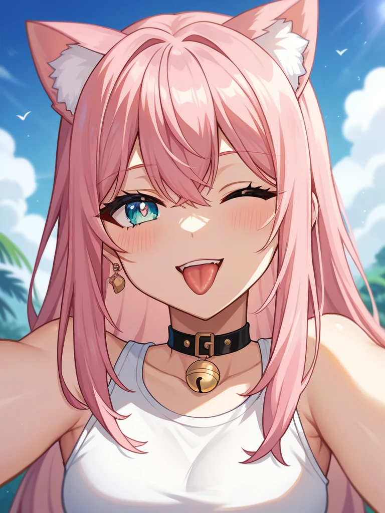 Adult, Female, long pink hair, oceanic eyes, winking, tongue out, vtuber, otaku bedroom, Masterpiece, Accurate, Anatomically Correct, Best Quality, High Details, Detail, Super Detailed, Best detail, Perfect detail, Amazing detail, [-3, 3], perfect fingers, perfect body, best body, amazing body, Looking at viewer, front facing, upper body shot, Cat Ears, Close-Up, 