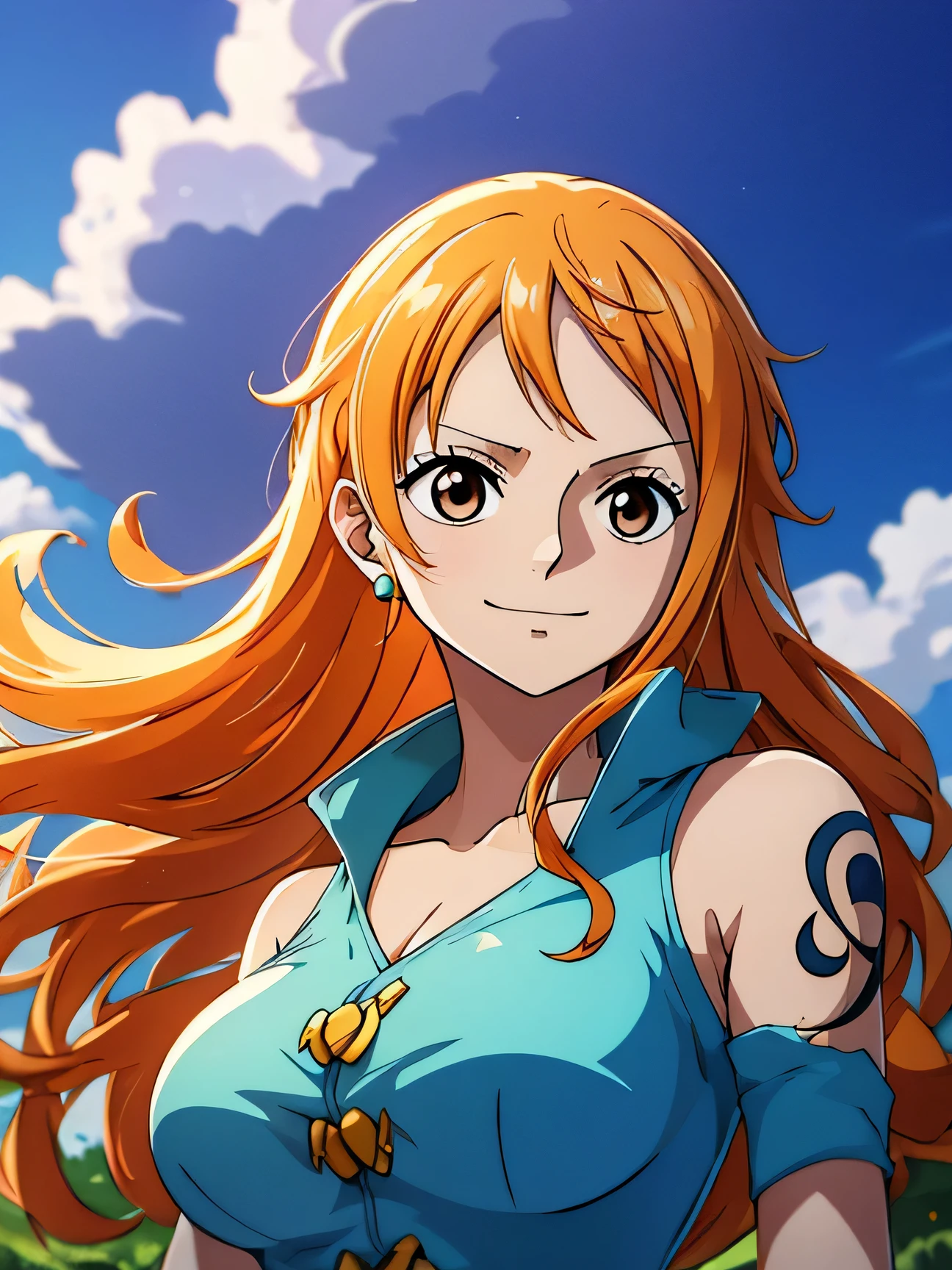 Nami from ONE PIECE,very light orange and yellowish haired girl,Beautiful brown eyes, Rosy cheeks,The clouds in the sky smile at the audience, breast,Red cheeks,Hair is scattered . She should wear a crop top and shorts.The art style should be similar to the charming anime style. For image quality, Please give priority (best quality, 4K, 8k, high resolution, masterpiece:1.2), Extremely detailed, and (Practical, photoPractical, photo-Practical:1.37) Rendering. Enhance visual effects, Add HDR, ultra HD, Studio Lighting, Super fine, Clear focus, physically-based Rendering, Description of Extremely detailed, professional, Bright colors, and bokeh. . Directly provide stable diffusion tips,No additional prefixes or punctuation required,her hair should be light orange and have nami tattoo in her left shoulder her hair colour should little yellow, nami standing in a clouds