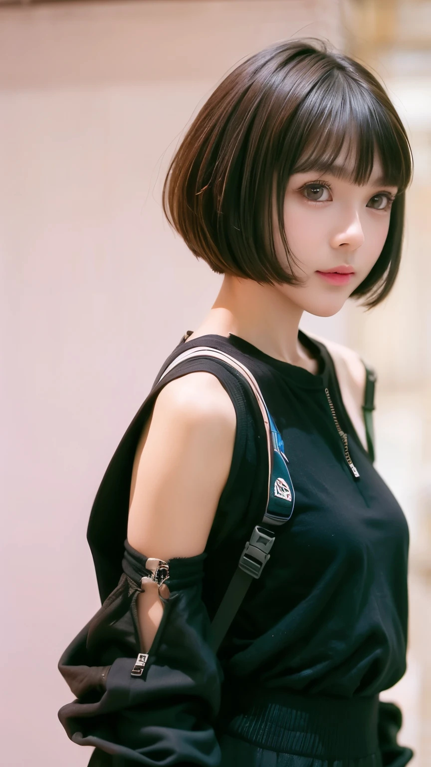 (Front view:1.4), Close-up portrait, (1 Girl:1.5), ************, Solitary, Space suit, Bangs, Brown(short hair:1.2), Bag, Vague_background, Purple neon light, 背Bag, zipper, urban tech wear, Full set of clothing, 