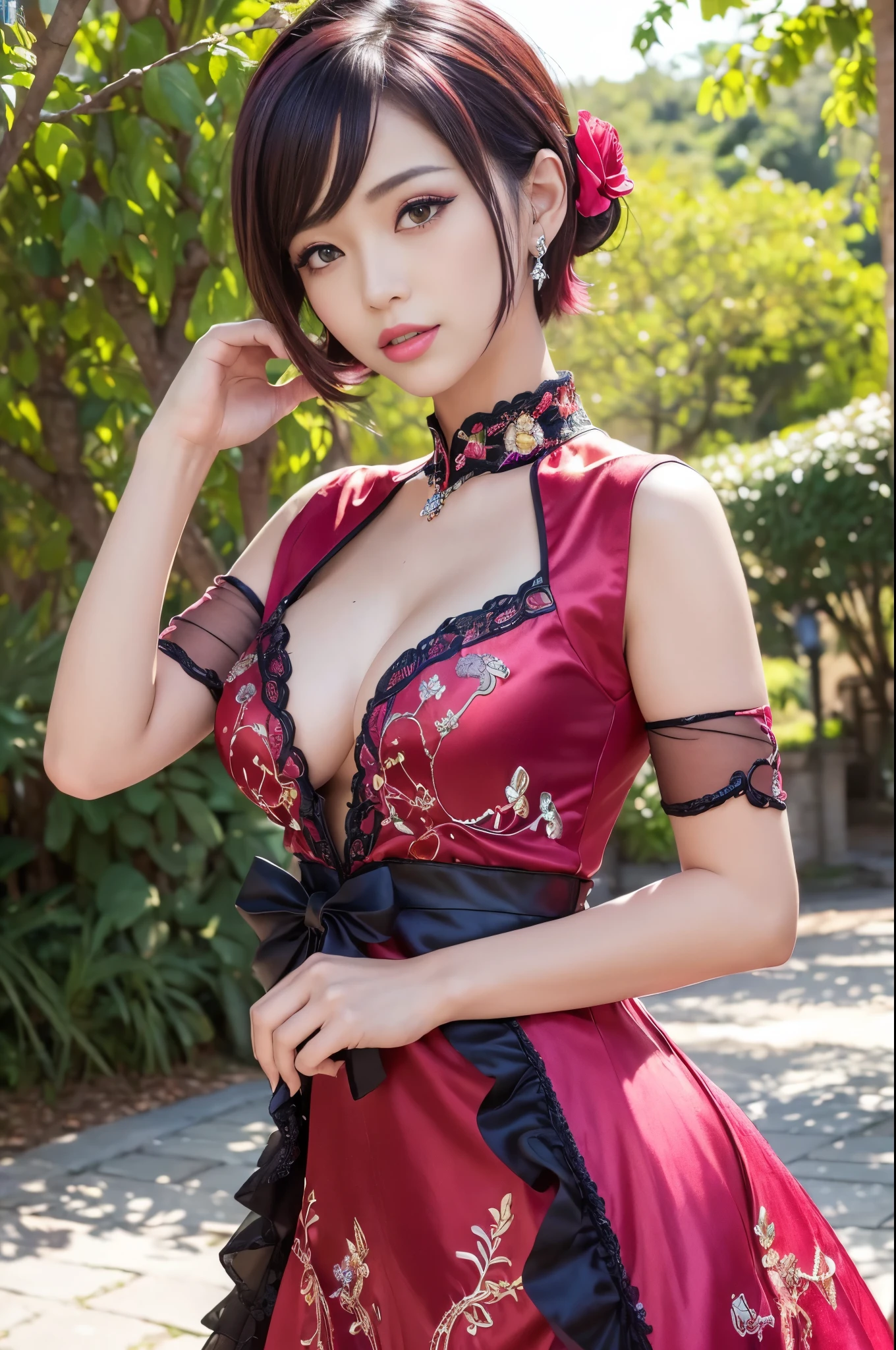 (masterpiece:1.4), (best quality:1.4), ultra high res, ultra high resolution, ((detailed facial features)), HDR, (realistic, photorealistic, photo-realistic:1.37), full body Esbian, sexy Thai model, (-anime), vivid colors, ((vivid colors multicolor (red, fuchsia) very short hair)), (happy smile), lip-gloss, long lashes, ultra detailed metallic makeup, defined eyebrows, wearing large sparkling colorful jewelery, (wearing a red silk Paradise Kiss cosplay dress with black floral embroidery), ((vivid colors outfit)), vivid colors, look at the camera, cinematic light, large park background with trees, sweet and sexy pose