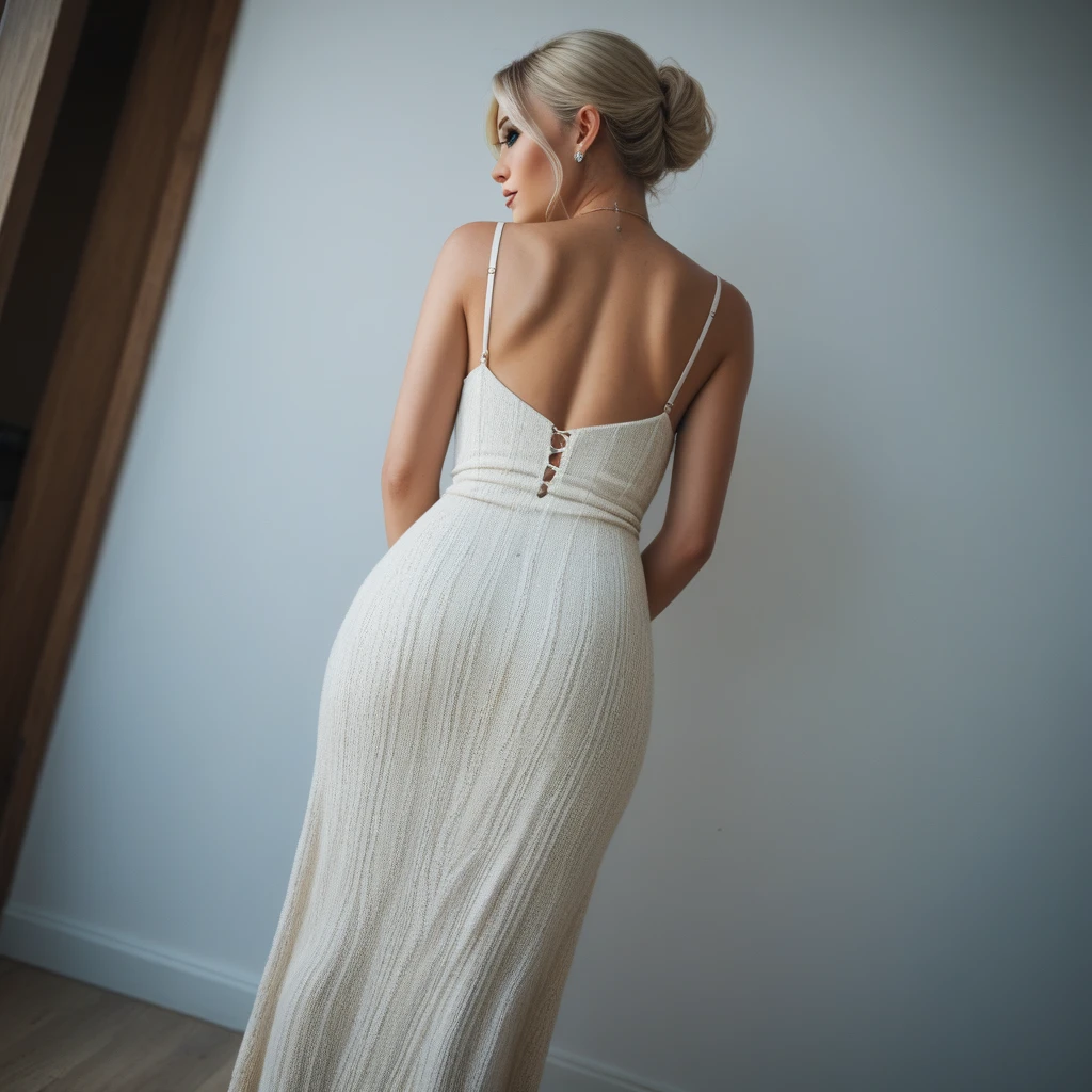  woman bending over in a full-length knit dress, rear view angle 