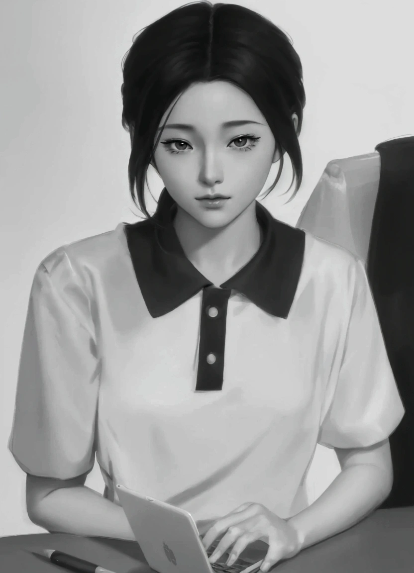 Close-up of a person sitting at a table with a laptop., artwork in the style of Gouvice, Realistic anime style, digital sketch, Semi-realistic anime style, Inspired by Sim Sa Jung, Drawing in Anime Painter Studio, Made with Anime Painter Studio., digital pencil drawing, smooth. Digital Painting, Gouvice, low profile. Digital Painting
