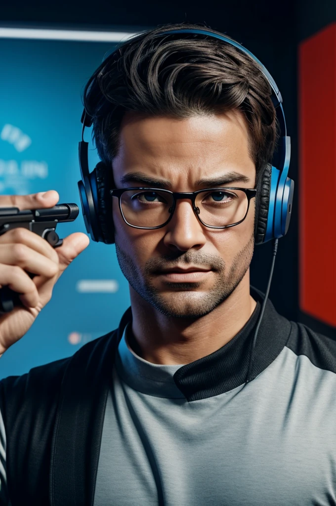 Let's have an animation-style actor with normal glasses on his eyes, headphones on his ears, as if he's playing a game, or a gun in his hand.
