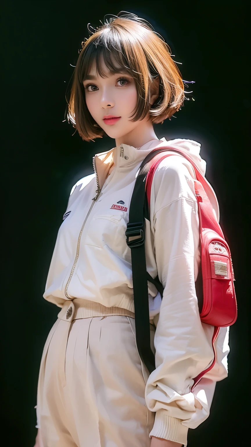 (Front view:1.4), Close-up portrait, (1 Girl:1.5), 16 years old, Solitary, Space suit, Bangs, Brown(short hair:1.2), Bag, Vague_background, Purple neon light, 背Bag, zipper, urban tech wear, Full set of clothing, 