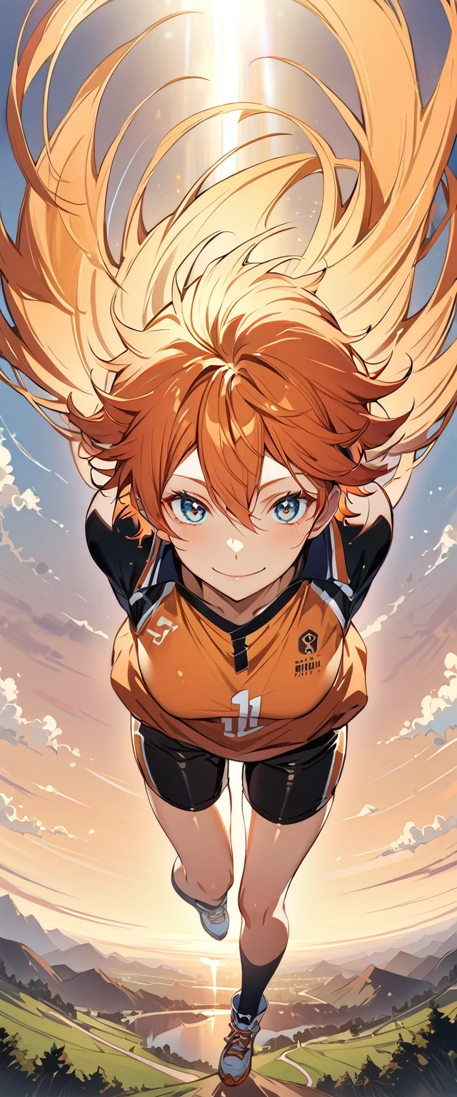 (Highest quality),(masterpiece), 8k,Very detailed, Detailed light, Best Shadow,Detailed reflective eyes, Beautiful Eyes, Very detailedな顔,Shiny Hair,One person,Gloss,Hinata Shoyang,Haikyuu,Orange Hair,looking at the camera,front,Sense of presence,smile,spike,Description during jump,Valley,One Boy,Hinata Shoyo,Number 10,